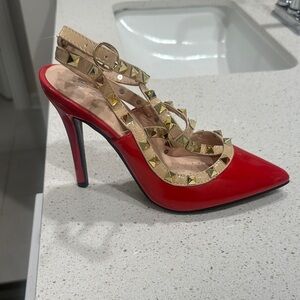 Red Studded High Heel Slingback Shoes
